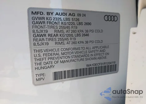 2024 Audi Q3 Premium 45 Tfsi S Line Quattro Tiptronic from USA, damaged, VIN WA1DECF31R1204118